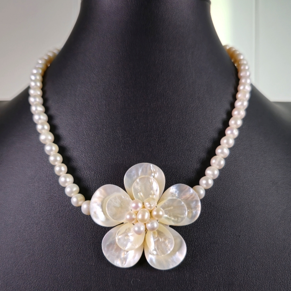 Iris & Lily Mother of Pearl Flower Pendant with Freshwater Pearl Necklace